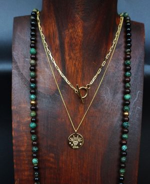 Collar de abalorios de sándalo, obsidiana y turquesa africana