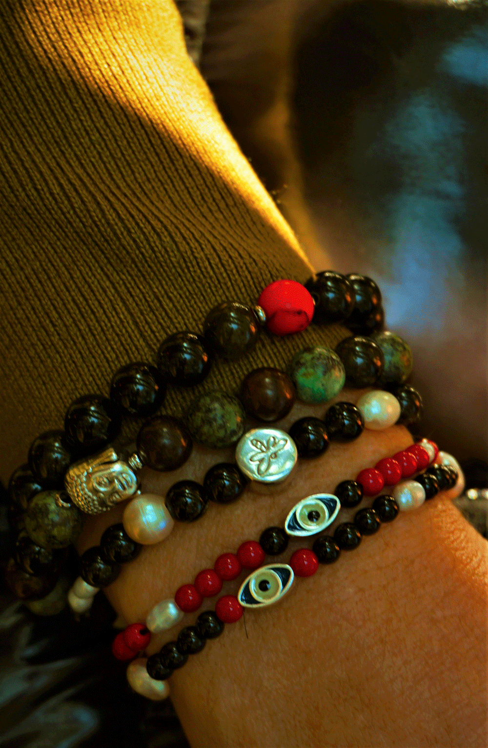 Set de pulseras de obsidiana, ágata, perlas y libélula de plata - Imagen 6